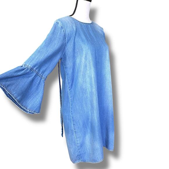 Cloth & Stone Anthropologie Chambray Dress Sz 3/4 Ruffle Sleeves Open Tie Back - Picture 1 of 14